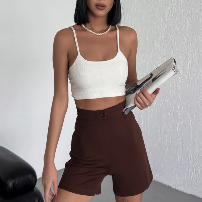 KESGİN MARKET® Tarz Ve Rahatlığı Bir Arada Sunan Yüksek Bel Esnek Likralı Krep Şort Kahverengi