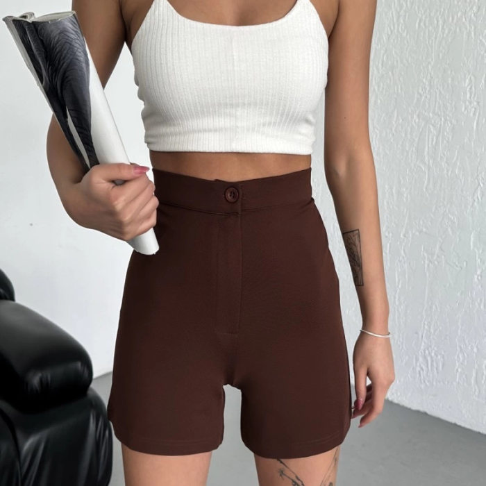 KESGİN MARKET® Tarz Ve Rahatlığı Bir Arada Sunan Yüksek Bel Esnek Likralı Krep Şort Kahverengi