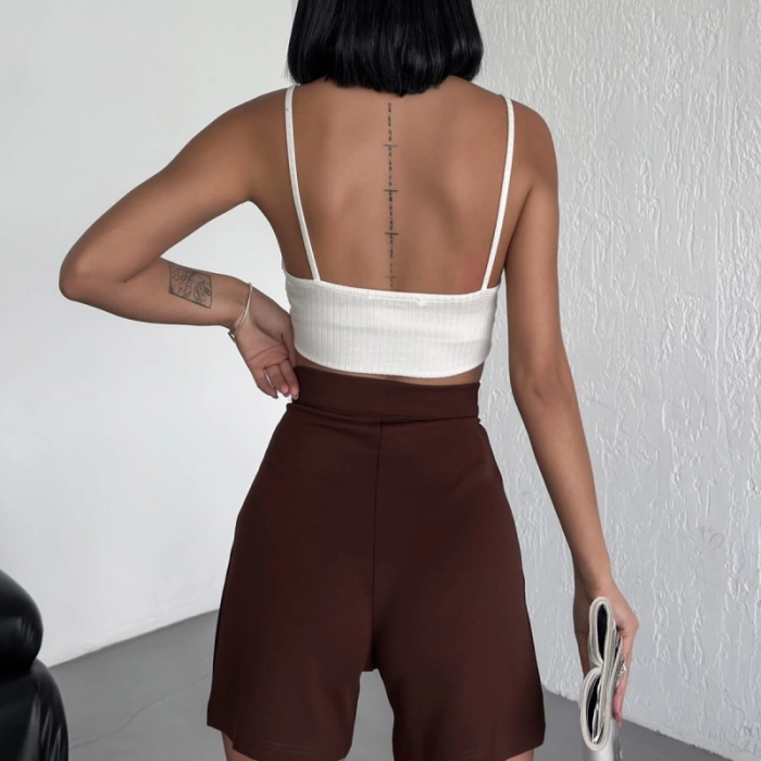 KESGİN MARKET® Tarz Ve Rahatlığı Bir Arada Sunan Yüksek Bel Esnek Likralı Krep Şort Kahverengi