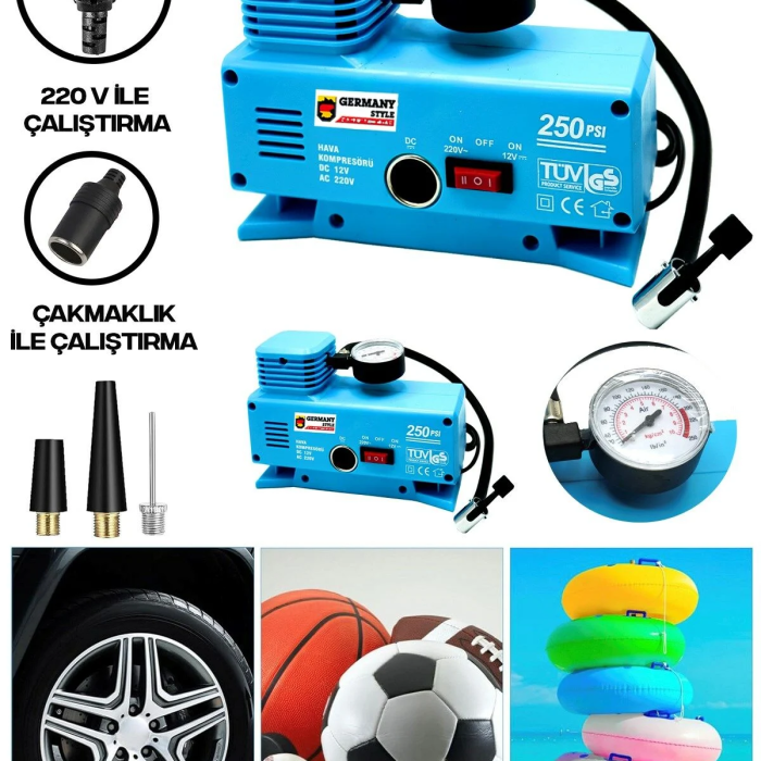 KESGİN MARKET® 220 Volt-12 Volt 250 Psi Geniş Uygulama Yelpazesi Kompresör Lastik Hava Şişirme Oto Pompası