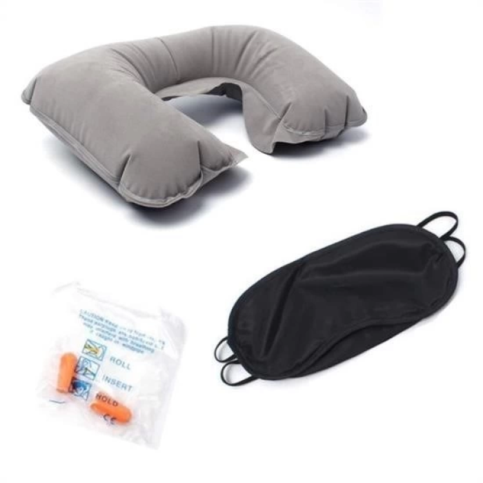 KESGİN MARKET® Üçlü Seyahat Seti Şişme Yastık Göz Bandı Kulak Tıkacı