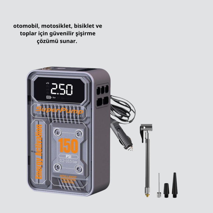 KESGİN MARKET® Şarjlı Kablosuz Hava Pompası – 150 PSI Basınç, LED Ekran ve 6000mAh Batarya