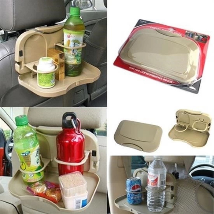 KESGİN MARKET® Araç İçi Koltuk Arkası Katlanabilir Bardak Tutuculu Bej Tepsi