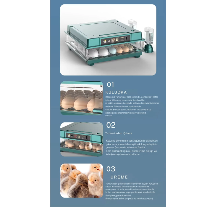 KESGİN MARKET® Slim Model 130 Yumurtalık Tam Otomatik Kuluçka Makinesi Gün Sayaçlı Yedek Motorlu