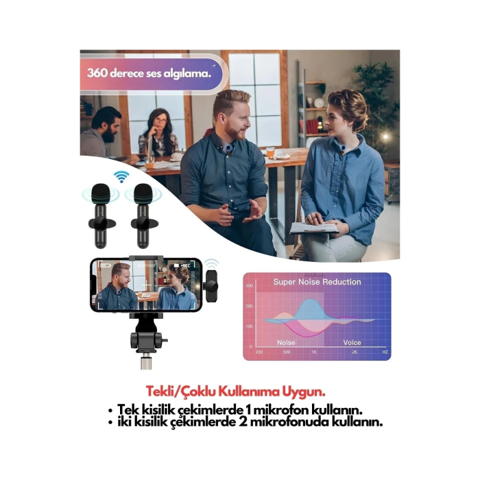 KESGİN MARKET® Type-c Çiftli Kablosuz Yaka Mikrofon Seti Telefon Vlog Canlı Yayın Tiktok Youtube Uyumlu