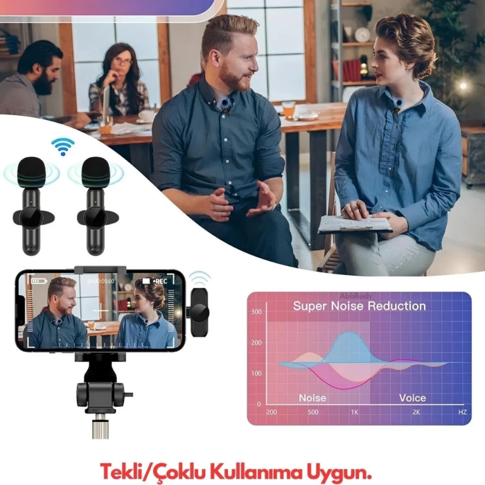 KESGİN MARKET® Type-c Çiftli Kablosuz Yaka Mikrofon Seti Telefon Vlog Canlı Yayın Tiktok Youtube Uyumlu