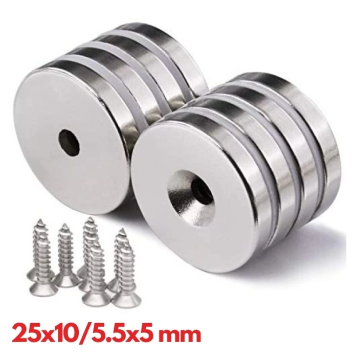 KESGİN MARKET® 10 Adet 25x10/5x5,5 Mm Neodyum Mıknatıs Havşa Delikli Magnet Vida Atılabilir N35 Nikel Paslanmaz