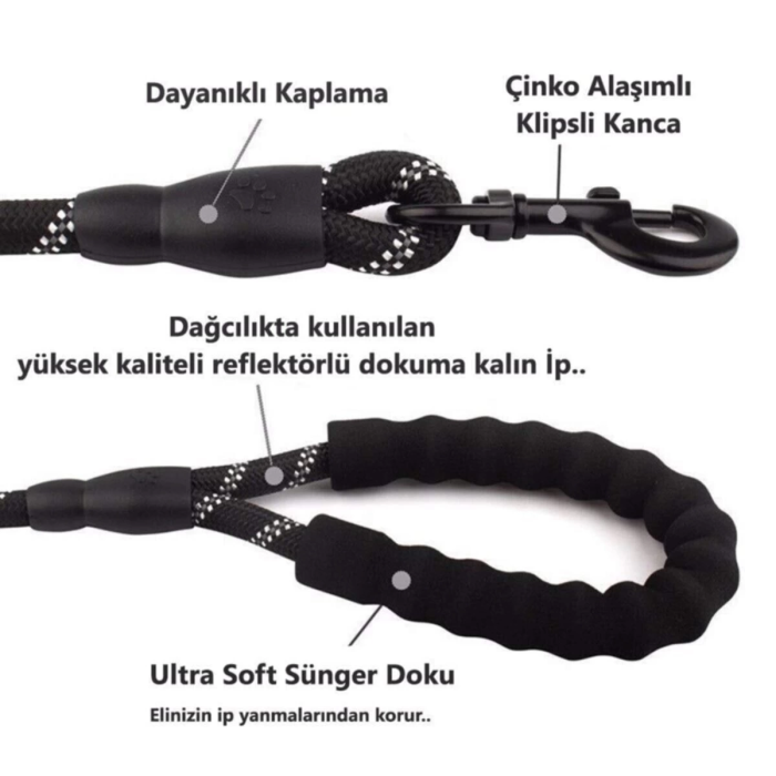 KESGİN MARKET® Köpekler İçin Gezdirme Tasması Reflektörlü 130 Cm Halat Orta Ve Büyük Boy Köpekler İçin Siyah