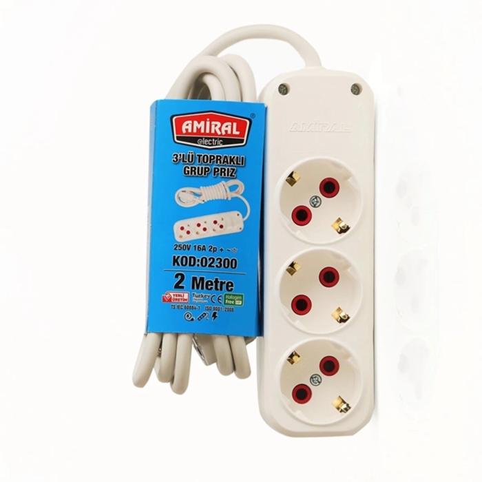 KESGİN MARKET® Amiral 3 Lü Topraklı 2 Metre Kablolu Grup Priz