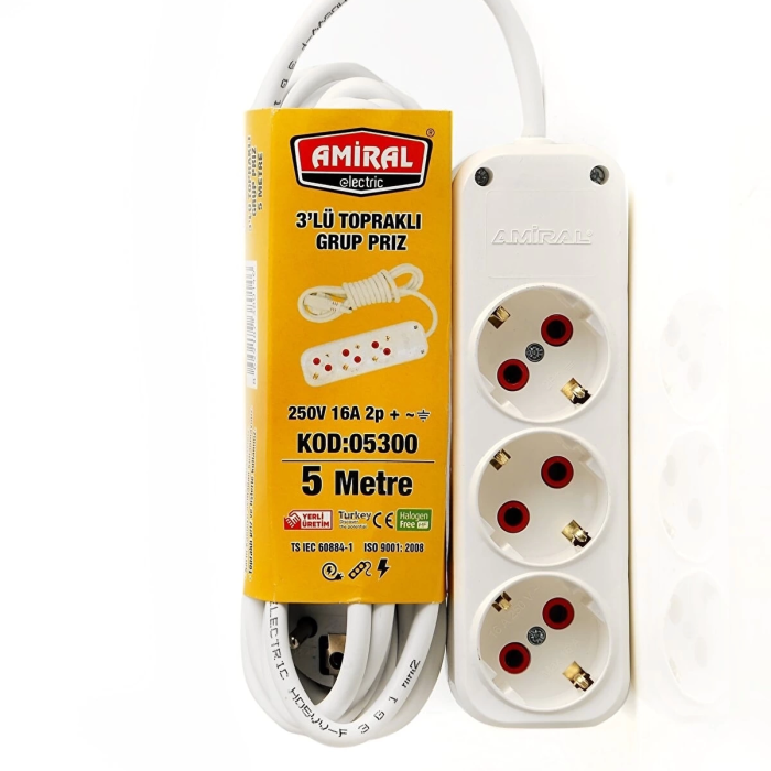 KESGİN MARKET® Amiral 3 Lü Topraklı 5 Metre Kablolu Grup Priz