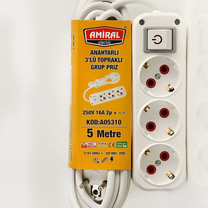 KESGİN MARKET® Amiral 3 Lü Topraklı Anahtarlı 5 Metre Kablolu Grup Priz