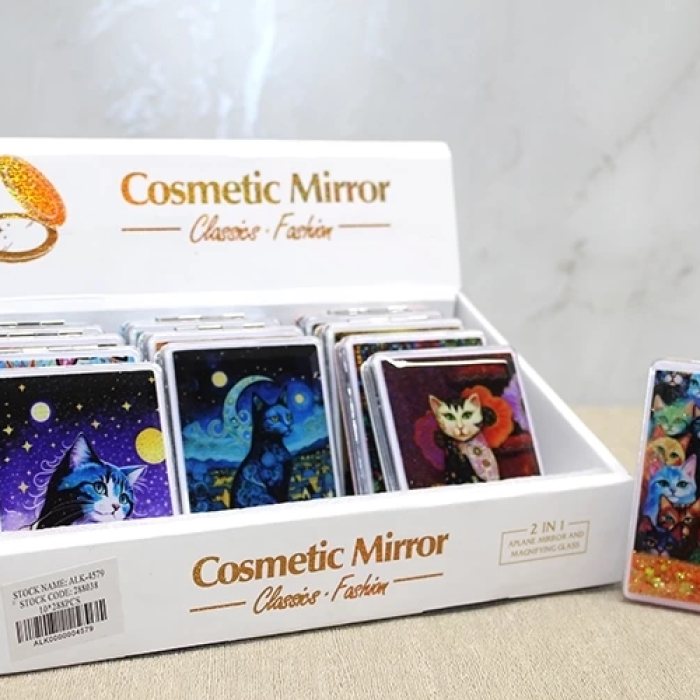 KESGİN MARKET® Hareketli Sulu Detaylı Kedi Figürlü El Aynası Alk4579