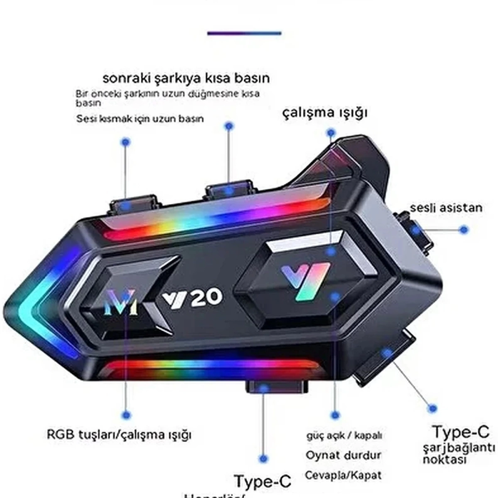 KESGİN MARKET® Y20 Motor Kurye Kask Kulaklık Rgb Modlu Bluetooth Motosiklet Kulaklık 5.3 Bluetooth Interkom