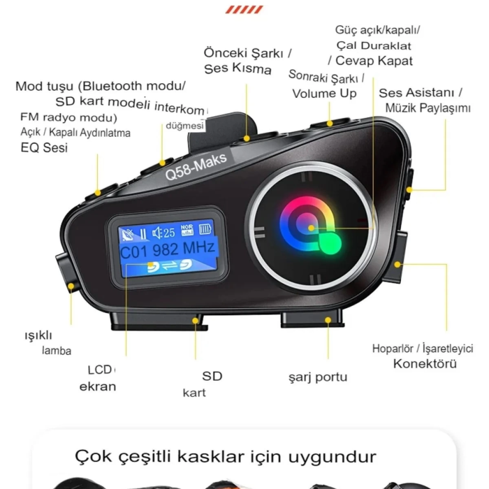 KESGİN MARKET® Q58-max Radyolu 2 Kişi Bağlantılı Bluetooth Kask Kulaklık Ekranlı Fenerli Müzik Ve Telsiz Intercom