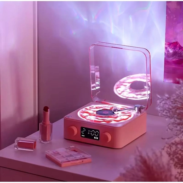 KESGİN MARKET® Waves Nostalji Plak Görünümlü Bluetooth Hoparlör 3d Ses Dalgası Retro Müzik Plak Pembe