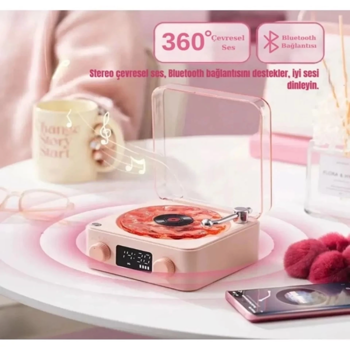 KESGİN MARKET® Waves Nostalji Plak Görünümlü Bluetooth Hoparlör 3d Ses Dalgası Retro Müzik Plak Pembe