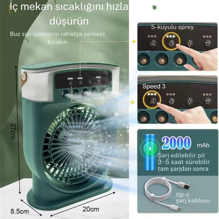 KESGİN MARKET® Şarjlı 600 Ml Su Hazneli Taşınabilir Masaüstü Vanilatör  Güçlü Fan Ve 2000 Mah Pil Yeşil