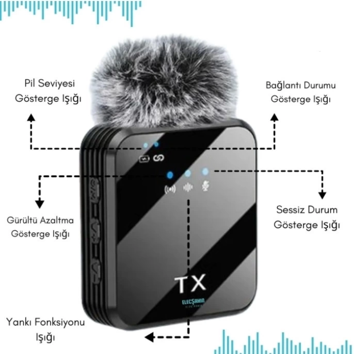 KESGİN MARKET® Yüksek Kalite Profesyonel 3 In 1 Kablosuz Taşınabilir Yaka Mikrofonu Tüylü
