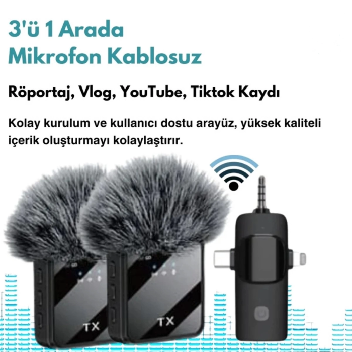 KESGİN MARKET® Yüksek Kalite Profesyonel 3 In 1 Kablosuz Taşınabilir Yaka Mikrofonu Tüylü