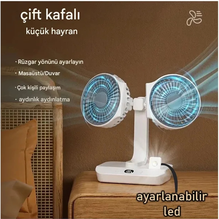 KESGİN MARKET® Masaüstü Dijital Ekranlı Çift Fanlı Led Işıklı Soğutucu Fan Ev Ofis Şarjlı Vantilatör
