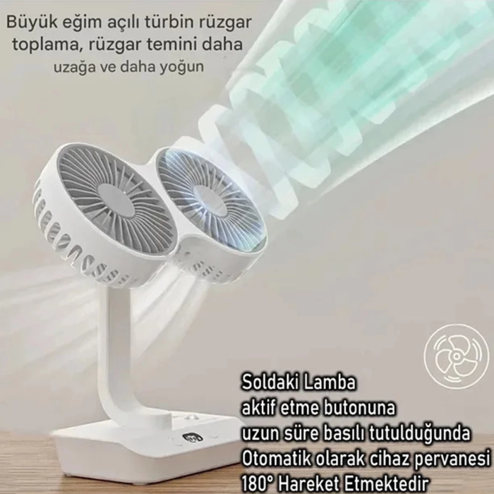 KESGİN MARKET® Masaüstü Dijital Ekranlı Çift Fanlı Led Işıklı Soğutucu Fan Ev Ofis Şarjlı Vantilatör