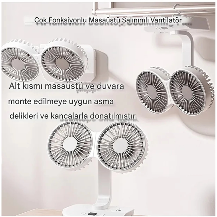 KESGİN MARKET® Masaüstü Dijital Ekranlı Çift Fanlı Led Işıklı Soğutucu Fan Ev Ofis Şarjlı Vantilatör