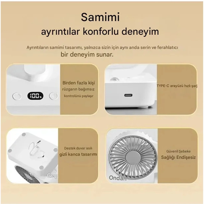 KESGİN MARKET® Masaüstü Dijital Ekranlı Çift Fanlı Led Işıklı Soğutucu Fan Ev Ofis Şarjlı Vantilatör
