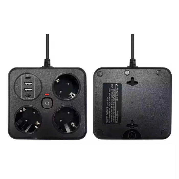 KESGİN MARKET® Akım Korumalı Anahtarlı Priz - 3x Priz - 2x Usb - 2x Type-c - 2 Mt Kablo Hızlı Şarj Özellikli Siyah