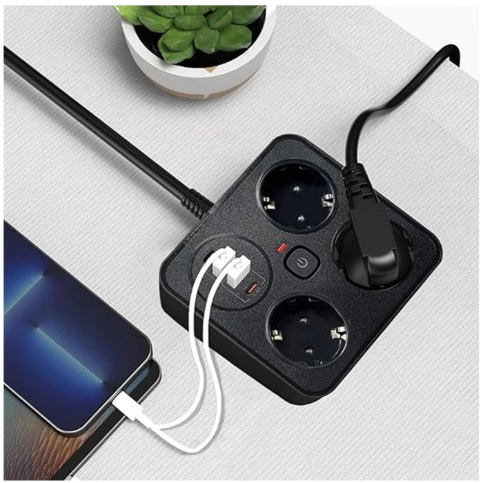 KESGİN MARKET® Akım Korumalı Anahtarlı Priz - 3x Priz - 2x Usb - 2x Type-c - 2 Mt Kablo Hızlı Şarj Özellikli Siyah