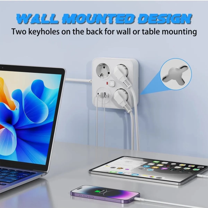 KESGİN MARKET® Akım Korumalı Anahtarlı Priz - 3x Priz - 2x Usb - 2x Type-c - 2 Mt Kablo Hızlı Şarj Özellikli Siyah