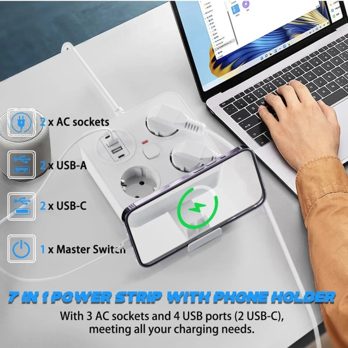 KESGİN MARKET® Akım Korumalı Anahtarlı Priz - 3x Priz - 2x Usb - 2x Type-c - 2 Mt Kablo Hızlı Şarj Özellikli Siyah