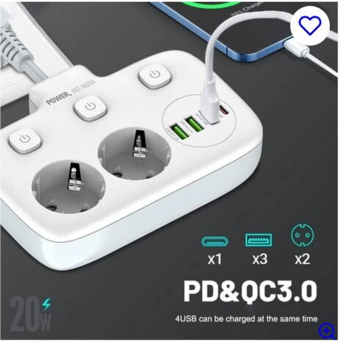 KESGİN MARKET® Akım Korumalı 2’li Ayrı Anahtarlı Priz, 2x Priz, 3x Usb, 1x Type-c, 2 Mt Kablo, Hızlı Şarj