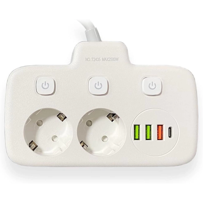 KESGİN MARKET® Akım Korumalı 2’li Ayrı Anahtarlı Priz, 2x Priz, 3x Usb, 1x Type-c, 2 Mt Kablo, Hızlı Şarj