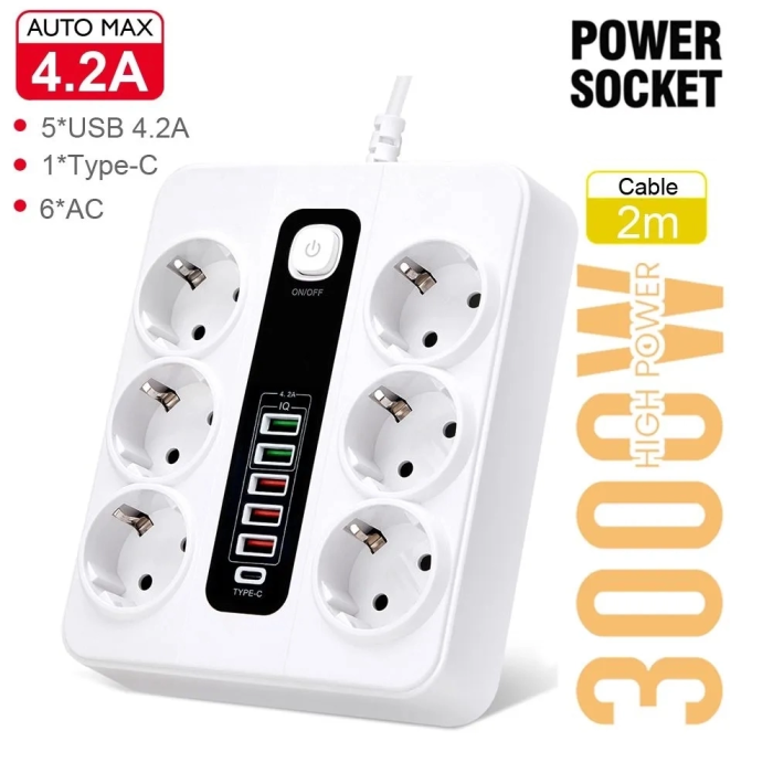 KESGİN MARKET® Hp-h04 3000w 10amper 6’lı 2metre Uzatma Kablolu Çoklu Termal Akım Priz