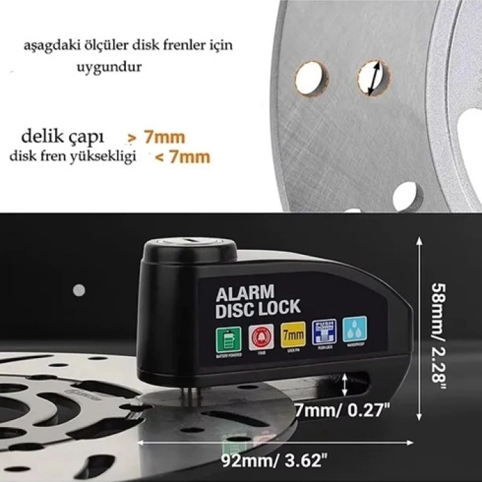 KESGİN MARKET® Alarmlı Disk Kilidi Motorsiklet Scooter Bisiklet Sesli Alarm 110 Desibel Yüksek Ses