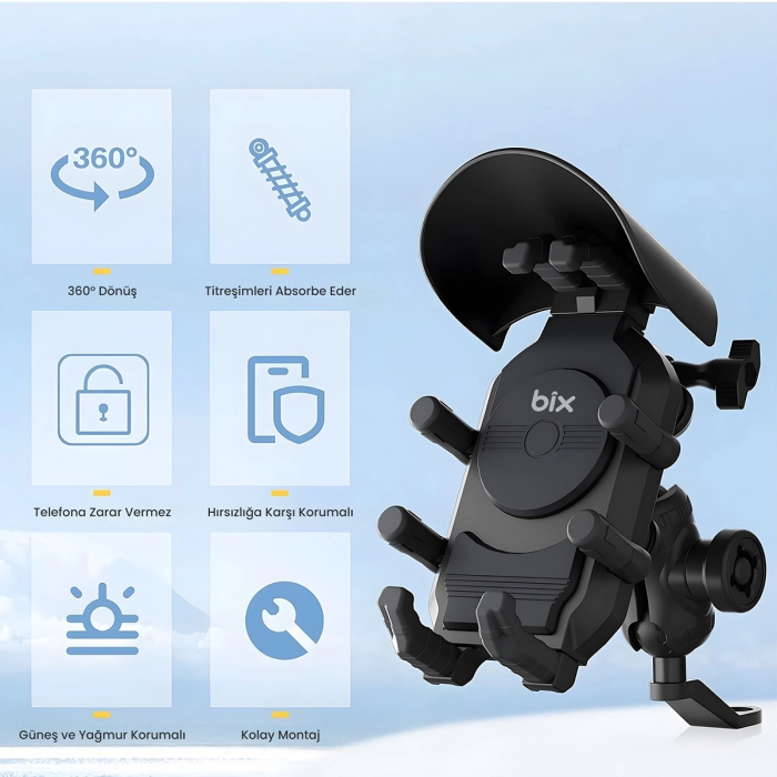 KESGİN MARKET® Ayna Bağlantılı Güneş Ve Yağmur Korumalı 360° Derece Ayarlanabilir Motosiklet Telefon Tutucu