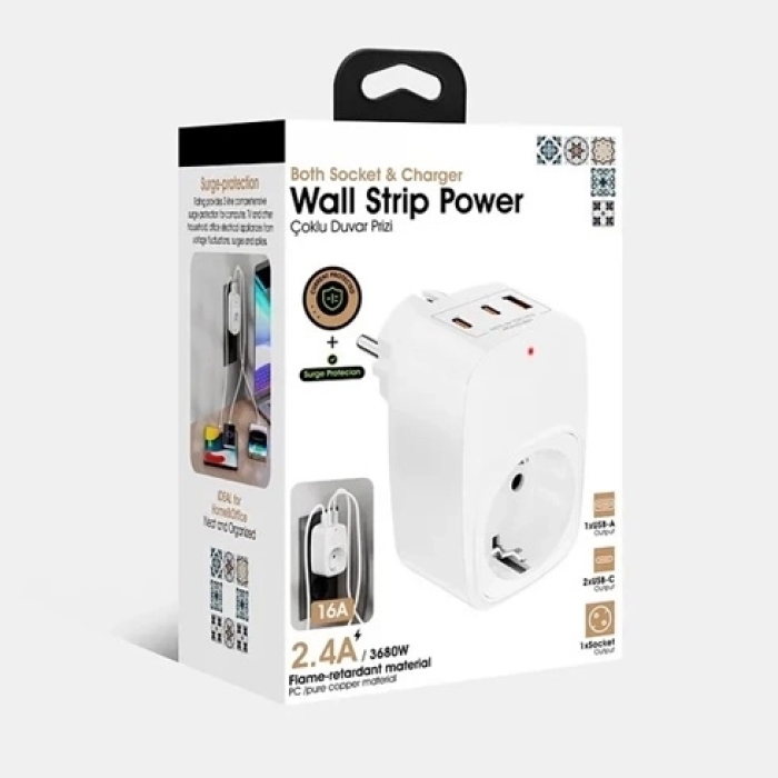KESGİN MARKET® Tekli Yüksek Voltaj Korumalı Duvar Prizi 2x Type-c 1x Usb Çıkışlı Priz Grup Priz Çoğaltıcı Beyaz