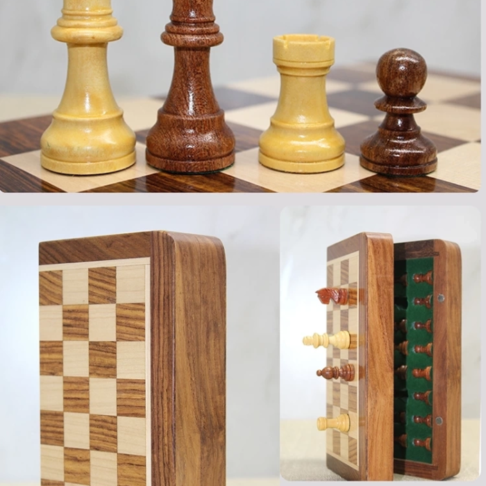 KESGİN MARKET® Özel Vernikli Mıknatıs Taşlı Ahşap Katlanabilir Kutulu Satranç Oyunu 17.5 Cm G221