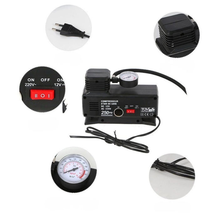 KESGİN MARKET® 220 Volt-12 Volt 250 Psi Psi Kompresör Lastik Hava Şişirme Oto Pompası Fişli Çakmaklıklı