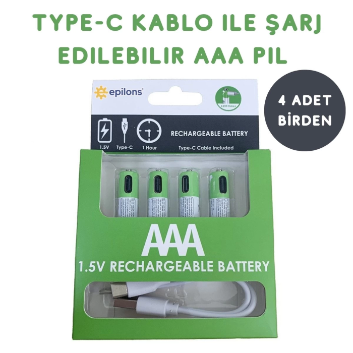 KESGİN MARKET® Usb Type-c Şarjlı 4 Adet Aaa 1.5v Lityum Kalem Pil 750mah Uzun Ömürlü