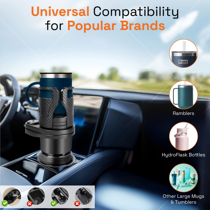 KESGİN MARKET® 2’si 1 Arada Ayarlanabilir Araç Bardak Tutucu, Genişleyebilir Üst Kısım 3”-6.2”, Şişe Adaptörü, Araba Organizatörü, Dayanıklı Taban, Ramblers Hydroflask Uyumlu, Modern Araç Düzenleyic