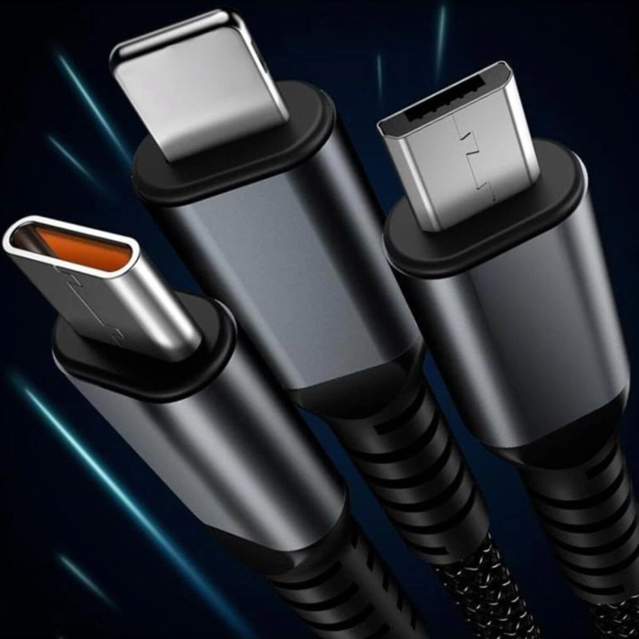 KESGİN MARKET® 3in1 100w Hızlı Şarj Ve Data Kablosu, 1.2m Halat Örgü Kırılmaz Uç, Usb-c Lightning Micro Uyumlu, Dayanıklı Çoklu Cihaz Şarj Kablosu