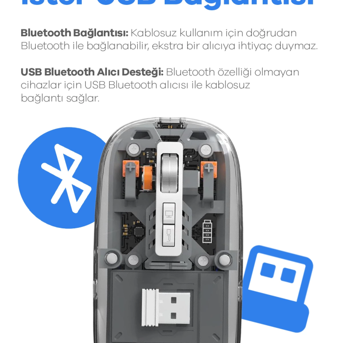 KESGİN MARKET® Bluetooth Usb Çift Modlu Sessiz Mouse, Şeffaf Mıknatıslı Kapaklı, Type-c Şarjlı, Dpı Ayarlı, Kablosuz 10m Çekim Mesafeli, Masaüstü Kısayol Tuşlu, Taşınabilir Şarjlı Mouse Turuncu