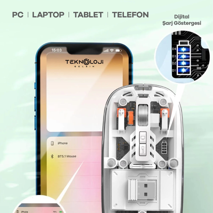 KESGİN MARKET® Bluetooth Usb Çift Modlu Sessiz Mouse, Şeffaf Mıknatıslı Kapaklı, Type-c Şarjlı, Dpı Ayarlı, Kablosuz 10m Çekim Mesafeli, Masaüstü Kısayol Tuşlu, Taşınabilir Şarjlı Mouse Turuncu