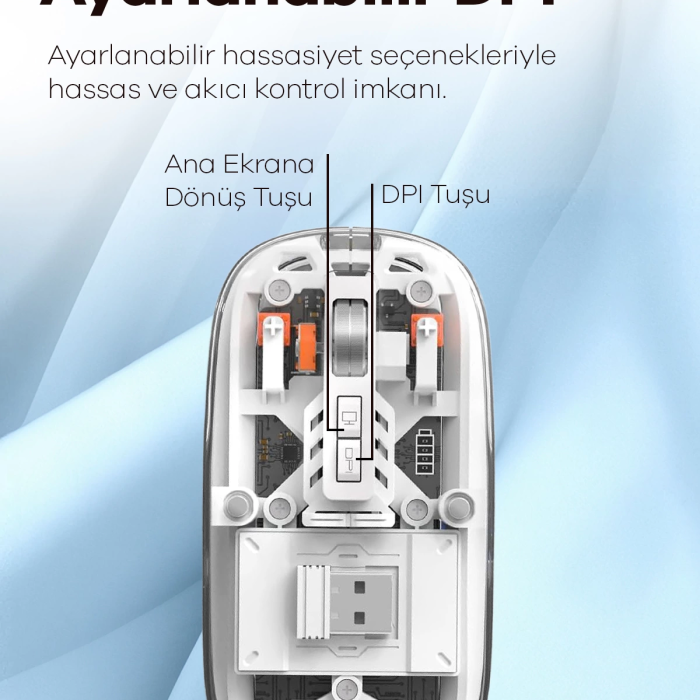 KESGİN MARKET® Bluetooth Usb Çift Modlu Sessiz Mouse, Şeffaf Mıknatıslı Kapaklı, Type-c Şarjlı, Dpı Ayarlı, Kablosuz 10m Çekim Mesafeli, Masaüstü Kısayol Tuşlu, Taşınabilir Şarjlı Mouse Beyaz