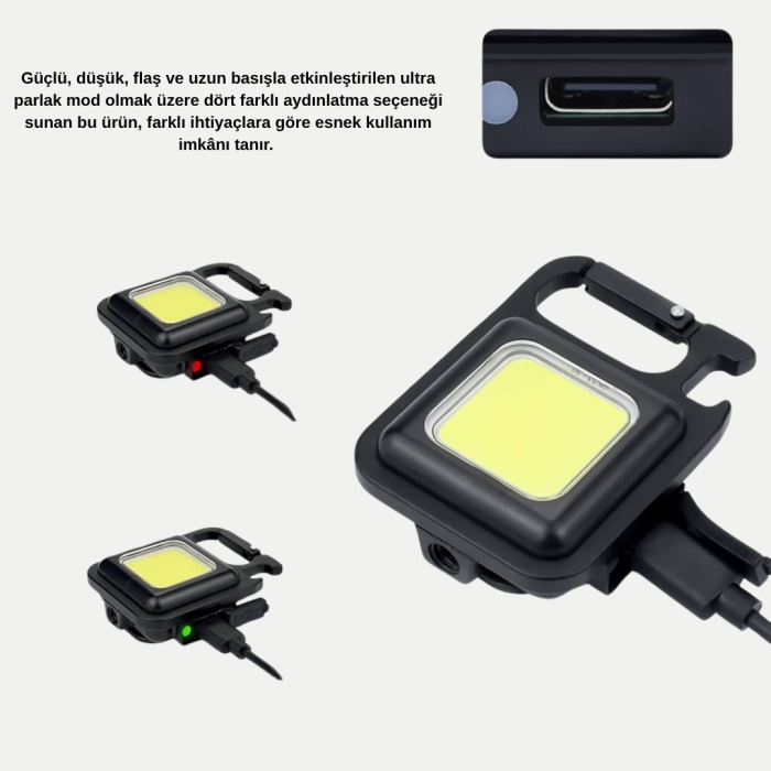 KESGİN MARKET® Şarjlı COB LED Anahtarlık Fener – 4 Modlu, Manyetik ve Katlanabilir Standlı