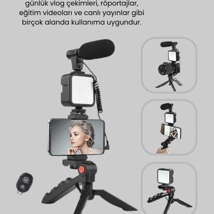 Profesyonel Vlog Çekim Kiti LED Işıklı Tripod Mikrofonlu Telefon Seti