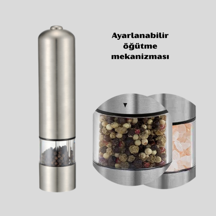 Elektrikli Tuz Karabiber Değirmeni – Paslanmaz Gövde, LED Işıklı ve Ayarlanabilir Öğütme