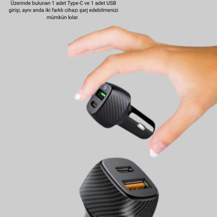 Araç Tipi Hızlı Şarj Adaptörü Type-C PD USB Çift Port Kompakt