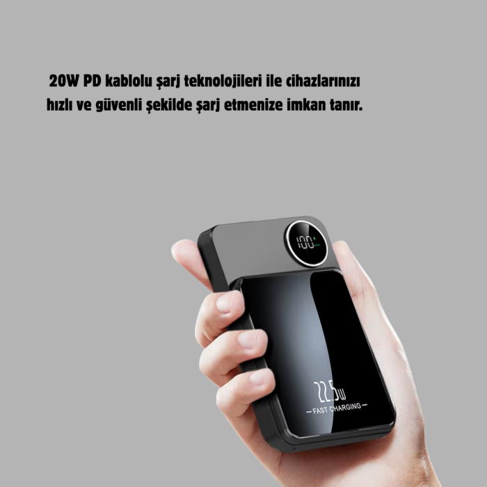 Manyetik Powerbank 15W Wireless Hızlı Şarj LED Ekranlı